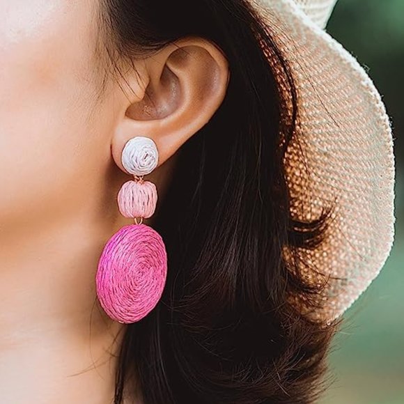 Chunky Pink Gradient Raffia Earrings Wicker Bold Retro Statement Dangle 80s New - Picture 3 of 8